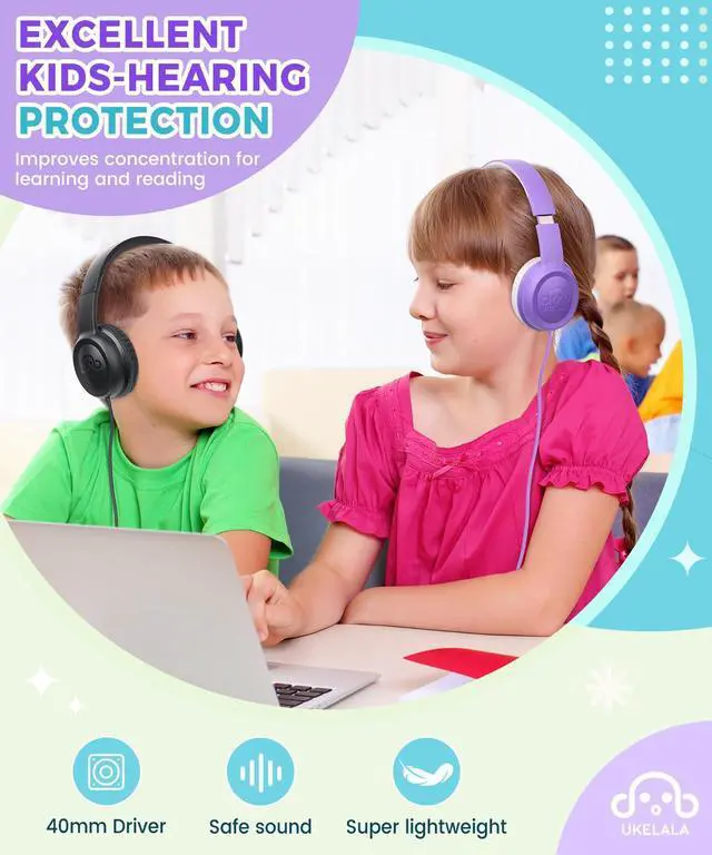 Alt view image 5 of 5 - UKELALA C3 Kids Headphones Wired, On-Ear Wired Head Phones for Boys Girls with 3.5mm Jack, Foldable, Adjustable Headband, Child Headphone for School Home Airplane Tablet Purple