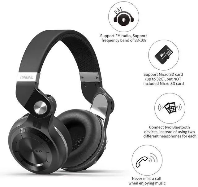 Alt view image 2 of 5 - Bluedio T2 Plus Turbine Wireless Bluetooth Headphones with Mic/Micro SD Card Slot/FM Radio (Black)