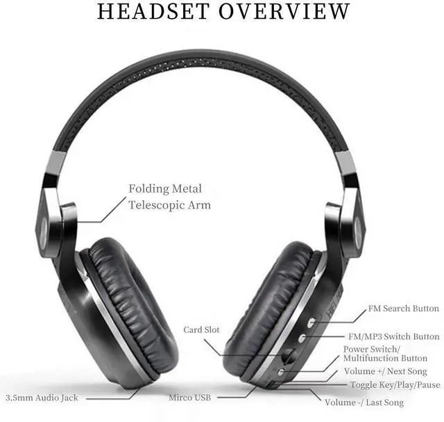 Alt view image 3 of 5 - Bluedio T2 Plus Turbine Wireless Bluetooth Headphones with Mic/Micro SD Card Slot/FM Radio (Black)