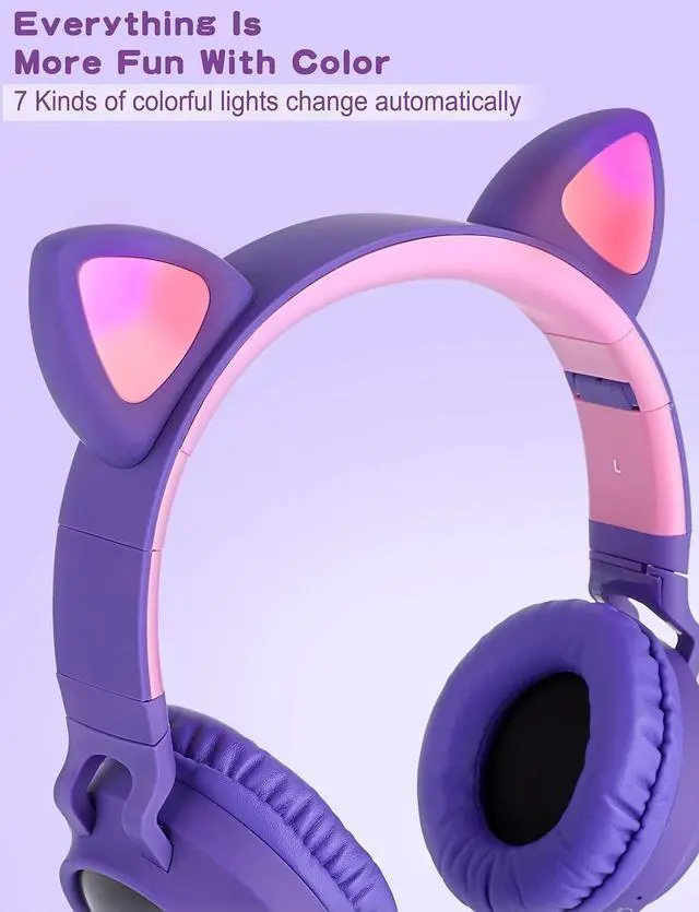 Alt view image 2 of 5 - YOYOTUNE Kids Wireless Headphones,Cat Ear Bluetooth On Ear Headphones with LED Light Up,Wireless/Wired Foldable,Kids Teens Adults Headphones Bluetooth for Travel iPad (Purple)
