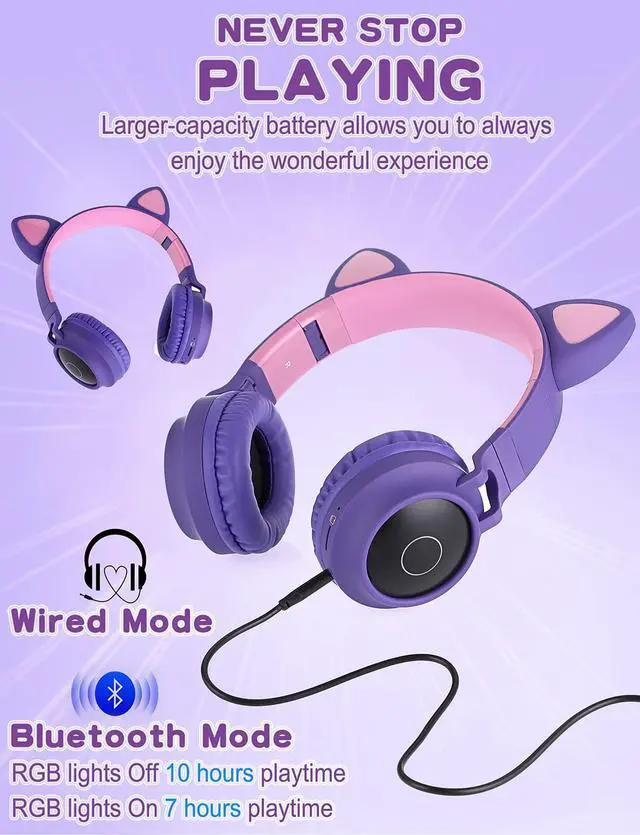 Alt view image 3 of 5 - YOYOTUNE Kids Wireless Headphones,Cat Ear Bluetooth On Ear Headphones with LED Light Up,Wireless/Wired Foldable,Kids Teens Adults Headphones Bluetooth for Travel iPad (Purple)