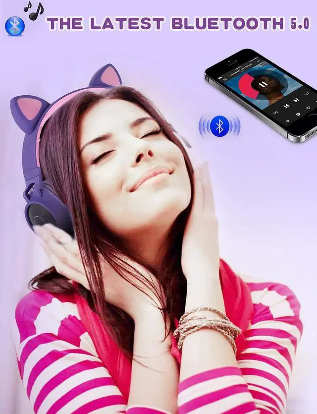 Alt view image 4 of 5 - YOYOTUNE Kids Wireless Headphones,Cat Ear Bluetooth On Ear Headphones with LED Light Up,Wireless/Wired Foldable,Kids Teens Adults Headphones Bluetooth for Travel iPad (Purple)