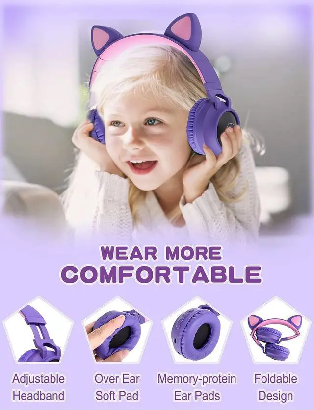 Alt view image 5 of 5 - YOYOTUNE Kids Wireless Headphones,Cat Ear Bluetooth On Ear Headphones with LED Light Up,Wireless/Wired Foldable,Kids Teens Adults Headphones Bluetooth for Travel iPad (Purple)