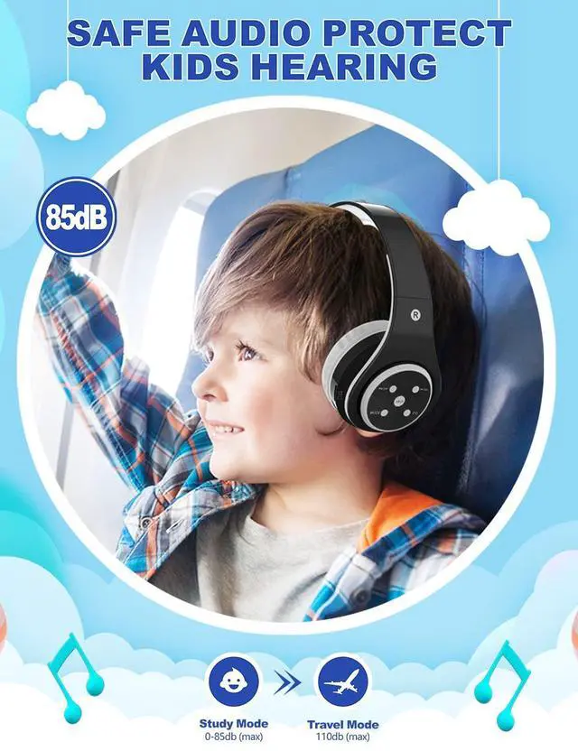 Alt view image 2 of 5 - Kids Bluetooth Headphones 85db/110db Volume Limit Wireless/Wired Aux Port Foldable Noise Protection Over-Ear Build-in Mic Headphones for Kids Adults Travel School Phone Pad Tablet PC Black