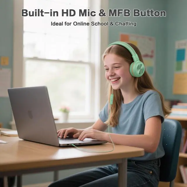 Alt view image 2 of 5 - SIMOLIO Kids Wired Headphones with Microphone and 3-Level Volume Control, Stereo Corded Headphone Girls, Boys, On-Ear 3.5mm PC Headset Teens for Cellphones Tablets Chromebook Laptop Computer (Green)