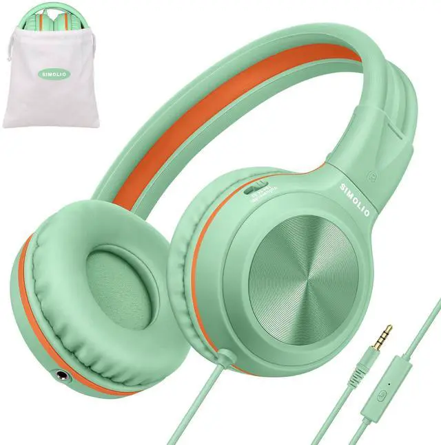 Main image of SIMOLIO Kids Wired Headphones with Microphone and 3-Level Volume Control, Stereo Corded Headphone Girls, Boys, On-Ear 3.5mm PC Headset Teens for Cellphones Tablets Chromebook Laptop Computer (Green)