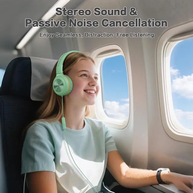 Alt view image 3 of 5 - SIMOLIO Kids Wired Headphones with Microphone and 3-Level Volume Control, Stereo Corded Headphone Girls, Boys, On-Ear 3.5mm PC Headset Teens for Cellphones Tablets Chromebook Laptop Computer (Green)