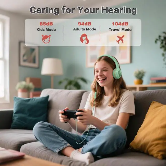 Alt view image 5 of 5 - SIMOLIO Kids Wired Headphones with Microphone and 3-Level Volume Control, Stereo Corded Headphone Girls, Boys, On-Ear 3.5mm PC Headset Teens for Cellphones Tablets Chromebook Laptop Computer (Green)