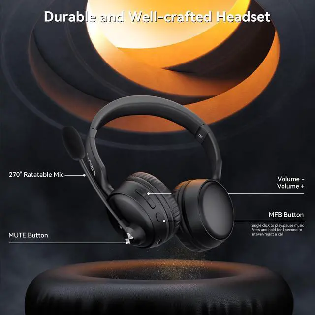 Alt view image 5 of 5 - LEVN Bluetooth Headset, Bluetooth Headphones with Microphone (AI Noise Cancelling), 60 Hrs Working Time Dual Connection Wireless Headset with Mic & Mute Button for Work/Laptop/Phone/Call Center/PC
