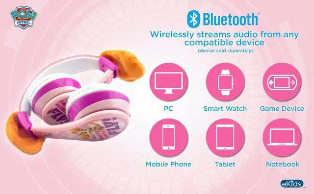 Alt view image 4 of 5 - eKids Paw Patrol Kids Bluetooth Headphones, Wireless Headphones with Microphone Includes Aux Cord, Volume Reduced Kids Foldable Earphones for School, Home, or Travel (Skye)