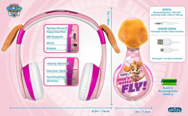 Alt view image 3 of 5 - eKids Paw Patrol Kids Bluetooth Headphones, Wireless Headphones with Microphone Includes Aux Cord, Volume Reduced Kids Foldable Earphones for School, Home, or Travel (Skye)