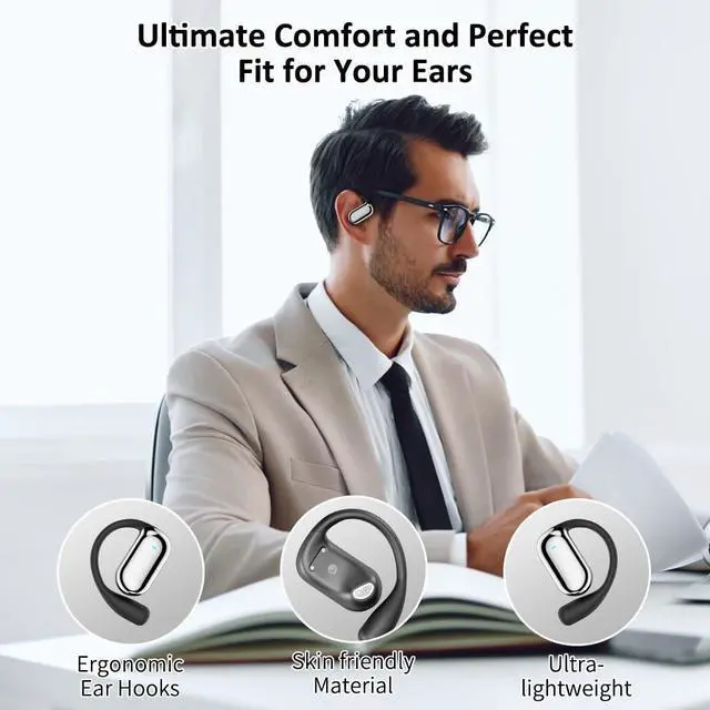 Alt view image 2 of 5 - JIECAN Open Ear Headphones Bluetooth V5.3 Wireless Earbuds with Earhooks with Digital Display Charging Case, Conduction Headphones with Mic Waterproof Sport Earbuds for Running (Black)