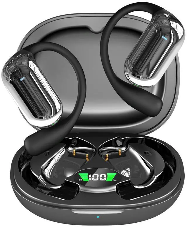 Main image of JIECAN Open Ear Headphones Bluetooth V5.3 Wireless Earbuds with Earhooks with Digital Display Charging Case, Conduction Headphones with Mic Waterproof Sport Earbuds for Running (Black)