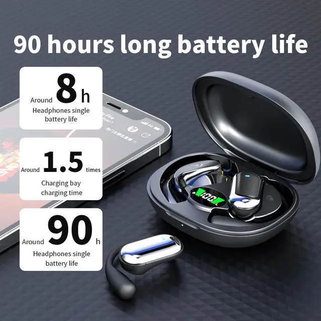 Alt view image 3 of 5 - JIECAN Open Ear Headphones Bluetooth V5.3 Wireless Earbuds with Earhooks with Digital Display Charging Case, Conduction Headphones with Mic Waterproof Sport Earbuds for Running (Black)