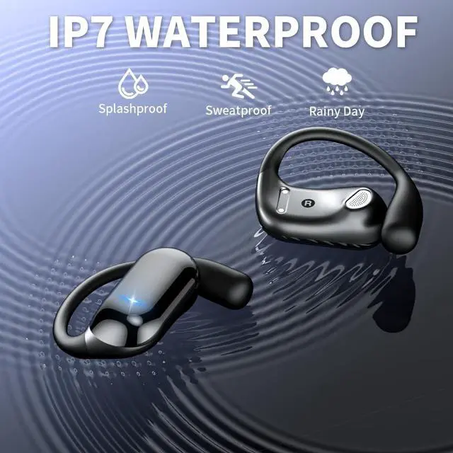 Alt view image 5 of 5 - JIECAN Open Ear Headphones Bluetooth V5.3 Wireless Earbuds with Earhooks with Digital Display Charging Case, Conduction Headphones with Mic Waterproof Sport Earbuds for Running (Black)