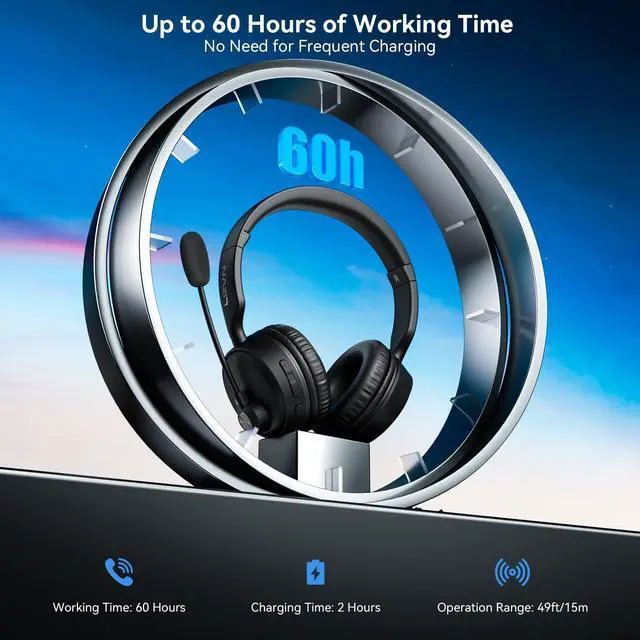 Alt view image 3 of 5 - LEVN Bluetooth Headset, Bluetooth Headphones with Microphone (AI Cancelling), 60 Hrs Working Time Dual Connection Wireless Headset with Mic & Mute Button for Work/Phone/Call Center/PC
