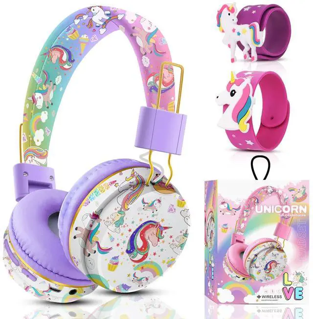 Main image of QearFun Unicorn Bluetooth Headphones for Girls - with Microphone & 3.5mm Jack, Adjustable Headband for Kids Teens Toddlers, School iPad Tablet PC Smartphones Compatible (Purple)
