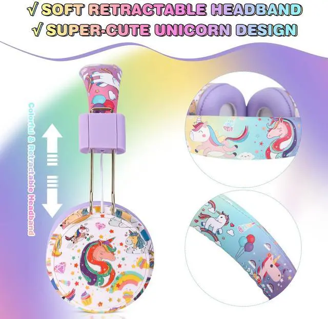 Alt view image 2 of 5 - QearFun Unicorn Bluetooth Headphones for Girls - with Microphone & 3.5mm Jack, Adjustable Headband for Kids Teens Toddlers, School iPad Tablet PC Smartphones Compatible (Purple)