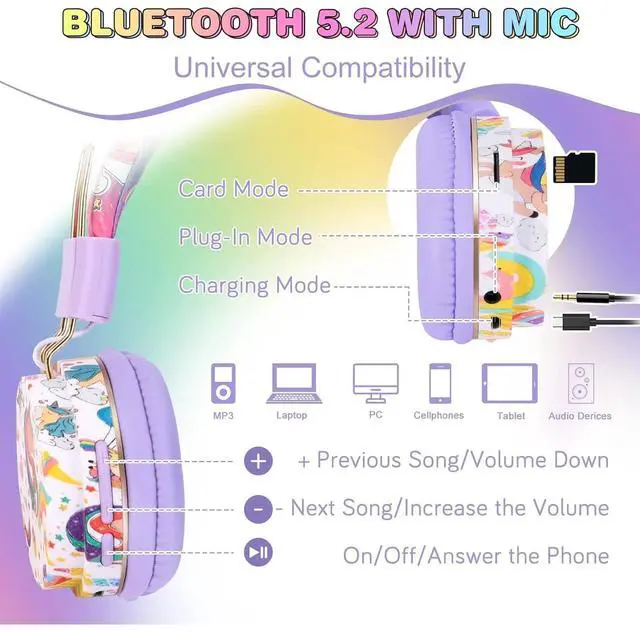 Alt view image 3 of 5 - QearFun Unicorn Bluetooth Headphones for Girls - with Microphone & 3.5mm Jack, Adjustable Headband for Kids Teens Toddlers, School iPad Tablet PC Smartphones Compatible (Purple)