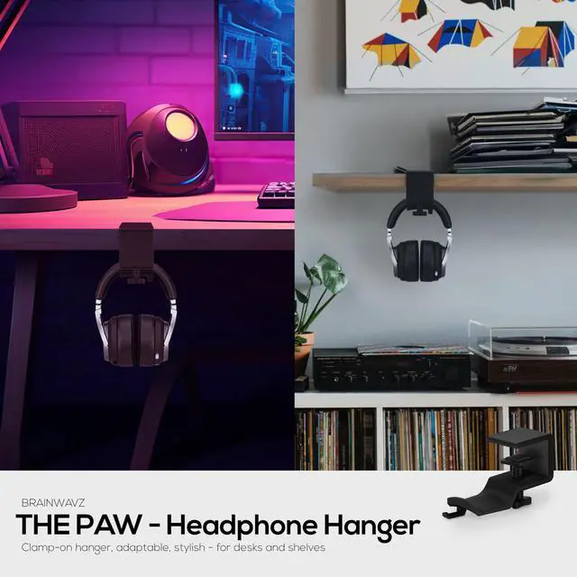 Alt view image 4 of 5 - BRAINWAVZ Paw - Under Desk Headphone Hanger Stand, Screw in Place, Easy to Install with Adjustable Mounting Clamp, Suitable for All Headsets, Black