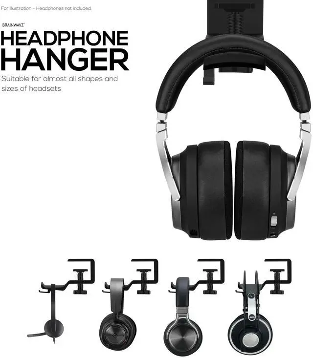 Alt view image 5 of 5 - BRAINWAVZ Paw - Under Desk Headphone Hanger Stand, Screw in Place, Easy to Install with Adjustable Mounting Clamp, Suitable for All Headsets, Black