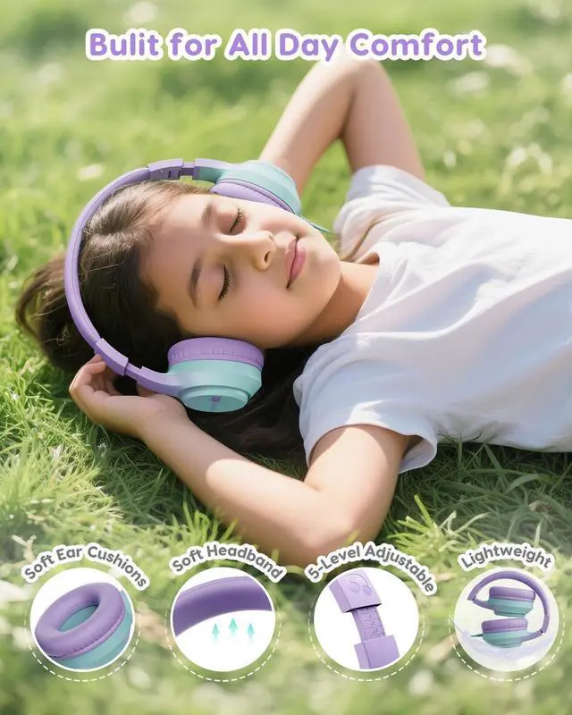 Alt view image 3 of 5 - Kids Headphones with Cord for School, 74/85/94dB Volume Limit, Wired Over-Ear Headphones for Kids Boys Girls, Stereo Sound 3.5mm Jack for Tablet, Kindle, YOTO Player, Airplane Travel, Purple Green
