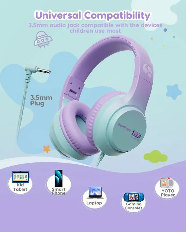 Alt view image 4 of 5 - Kids Headphones with Cord for School, 74/85/94dB Volume Limit, Wired Over-Ear Headphones for Kids Boys Girls, Stereo Sound 3.5mm Jack for Tablet, Kindle, YOTO Player, Airplane Travel, Purple Green
