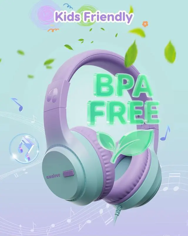 Alt view image 5 of 5 - Kids Headphones with Cord for School, 74/85/94dB Volume Limit, Wired Over-Ear Headphones for Kids Boys Girls, Stereo Sound 3.5mm Jack for Tablet, Kindle, YOTO Player, Airplane Travel, Purple Green