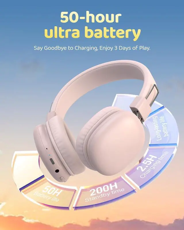 Alt view image 3 of 5 - [Pink+Red]Kids Bluetooth Headphones, Wireless Headphones with HD ENC Microphone, 50 Hours Playtime, Safe Volume, Type C Fast Charging, Foldable On-Ear Headphone for Children/Teens/Smart Device