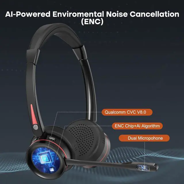 Alt view image 3 of 5 - ENC Stereo Wireless Headset with Microphone for PC, BT V5.2 Computer Headset with Noise Cancelling Mic, USB Dongle & Mute Button for Office Work/ Cell Phones/Driver/Call Center/Teams/Zoom/Meeting