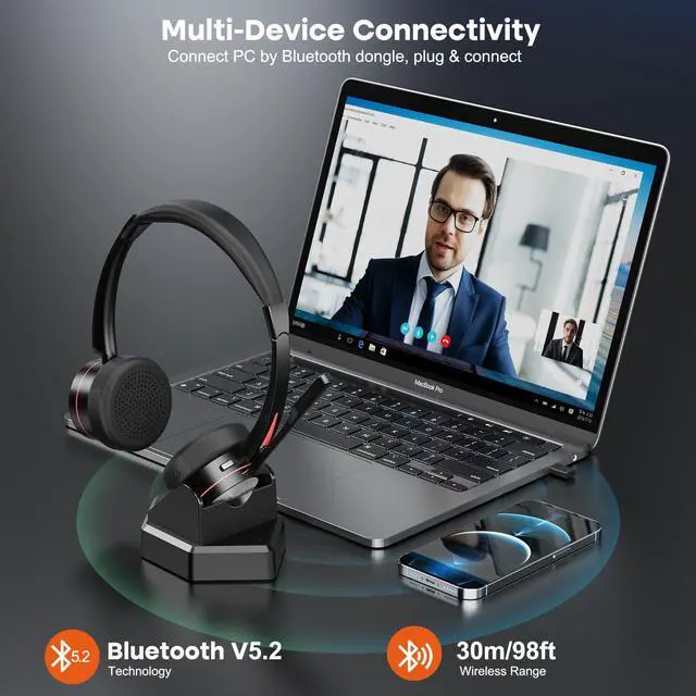 Alt view image 5 of 5 - ENC Stereo Wireless Headset with Microphone for PC, BT V5.2 Computer Headset with Noise Cancelling Mic, USB Dongle & Mute Button for Office Work/ Cell Phones/Driver/Call Center/Teams/Zoom/Meeting