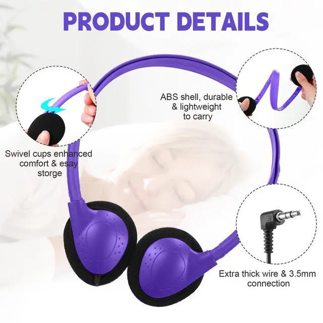 Alt view image 3 of 5 - Konohan 30 Pack Kids Headphones Bulk for School Classroom Student Wired Headphones Adjustable with 3.5 mm Jack for Kids Adults(Purple)