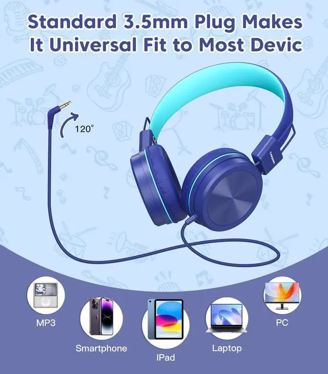 Alt view image 3 of 5 - Cowyawn 3.5mm Kids Headphones and USB Type C Kids Headphones for School, 94dB Volume Limited, Wired Toddler Headphones, On-Ear Wired Headphones for Kids/Children/Teens/Boys