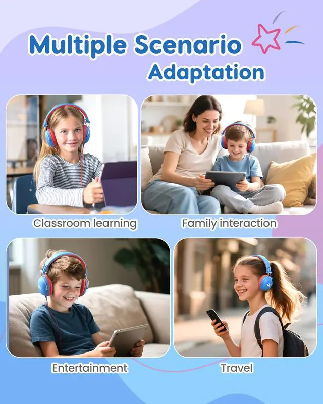 Alt view image 5 of 5 - awatrue [Blue Red+Green Yellow] Kids Headphones,Wired Toddler Headphones with Volume Limit(74/85dB),Lightweight & Comfortable Stereo Childs Headset,3.5mm Jack,Cute Q-Style Durable On-Ear Headphone