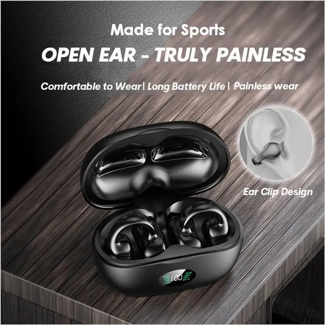 Alt view image 2 of 5 - Clip On Open Ear Headphones Wireless Bluetooth, 2023 New Wireless Ear Clip Bone Conduction Headphones Bluetooth Waterproof Bone Conduction Earbuds Earphones Bone Ear Buds with LED Power Display-Blue