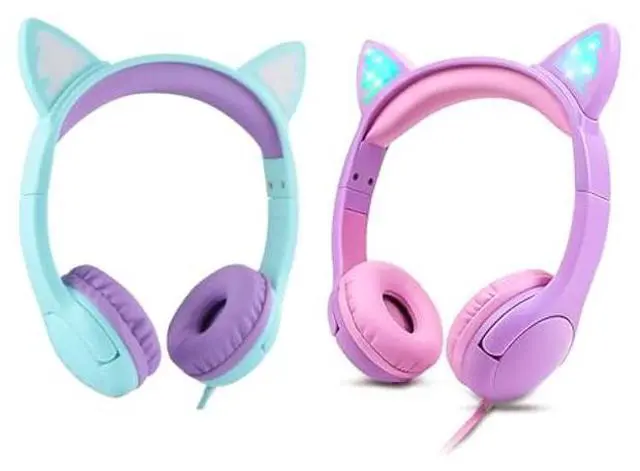Main image of Olyre LED Cat Ear Headphones with Sharing Port pur-Green & Pur-Pink for Kids