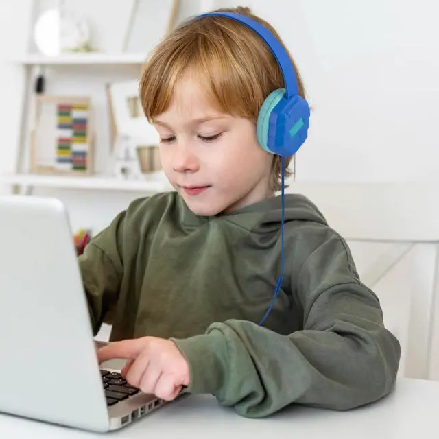 Alt view image 3 of 5 - Olyre Kids Headphones Wired with Microphone Blue & Pink/Purple