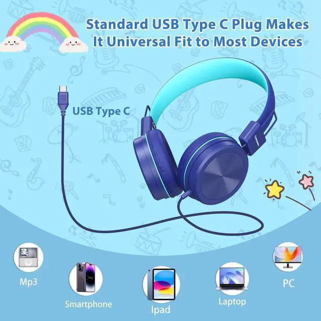 Alt view image 3 of 5 - Cowyawn USB Type C Kids Headphones for School, 94dB Volume Limited, Kids Headphones with USB C Cord, HD Stereo Sound, Foldable Lightweight On-Ear Wired Headphones for Kids/Children/Teens/Boys