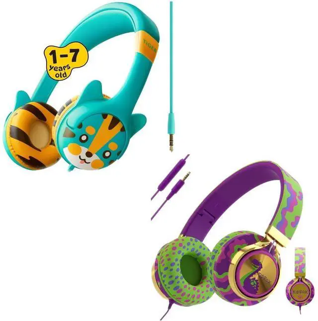 Main image of Kidrox Kids Headphones Bundle - Tiger & Dinosaur Themed Wired Headphones for Toddlers & Children Ages 1-10 - Volume-Limited 85/94dB, Built-in Mic, 3.5mm Jack - Durable, Travel-Ready, Fun Designs