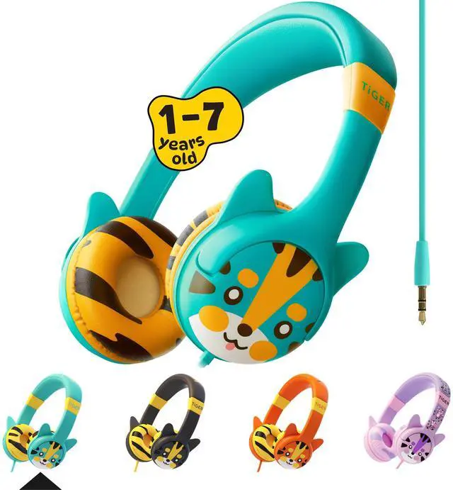 Alt view image 2 of 5 - Kidrox Kids Headphones Bundle - Tiger & Dinosaur Themed Wired Headphones for Toddlers & Children Ages 1-10 - Volume-Limited 85/94dB, Built-in Mic, 3.5mm Jack - Durable, Travel-Ready, Fun Designs