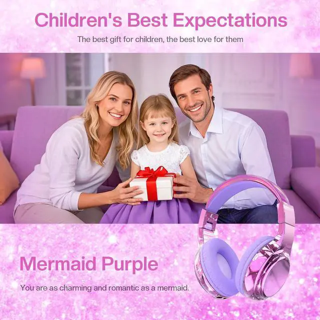 Alt view image 2 of 5 - QearFun Kids Bluetooth 5.3 Headphones, Wireless Metallic Gradient Headset, Lightweight Foldable On Ear Headphones with Aux Cord, Fast Charging, Built-in Mic, for School/Travel/Tablet/iPad