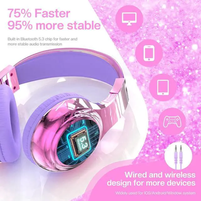 Alt view image 5 of 5 - QearFun Kids Bluetooth 5.3 Headphones, Wireless Metallic Gradient Headset, Lightweight Foldable On Ear Headphones with Aux Cord, Fast Charging, Built-in Mic, for School/Travel/Tablet/iPad