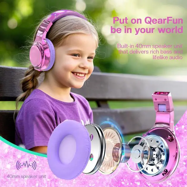 Alt view image 3 of 5 - QearFun Kids Bluetooth 5.3 Headphones, Wireless Metallic Gradient Headset, Lightweight Foldable On Ear Headphones with Aux Cord, Fast Charging, Built-in Mic, for School/Travel/Tablet/iPad