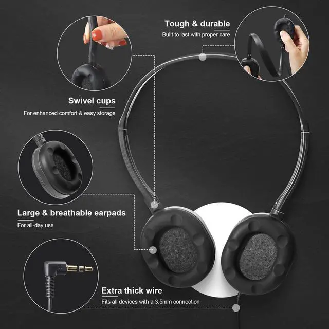 Alt view image 3 of 5 - Flutesan 30 Pack Wired Headphones, Adjustable On Ear Headphones, Kids Headphones with Stereo, Children Headphones Earbuds for Kids, Boys, Girls, Schools, Laptop, Travel, Plane, Tablet (Black)