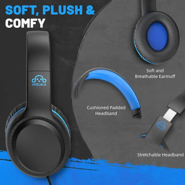 Alt view image 2 of 5 - UKELALA On Ear Wired Blue Headphones for Boys Girls Folding Corded Headphones for Kids Youth Student Children Portable Headphones for School Classroom