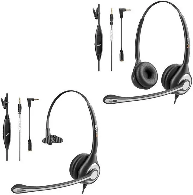 Main image of Wantek Binaural/Single Cell Phone Headset with Microphone 3.5mm to 2.5mm Noise Cancelling for Wired Computer Headset for Zoom Skype, Office,Business, Call Center