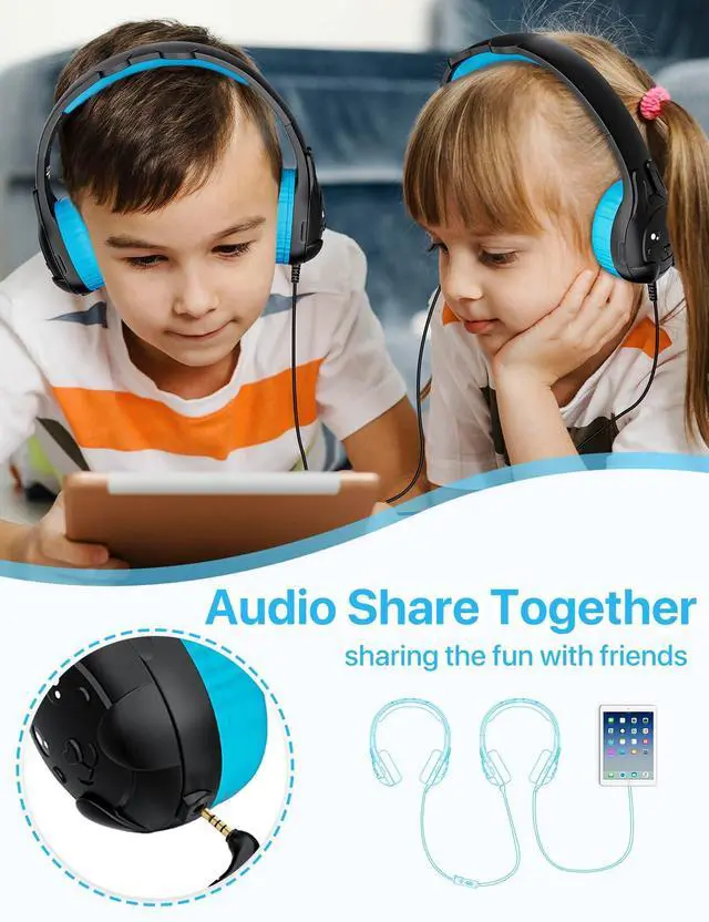 Alt view image 4 of 5 - ZIUMIER Kids Headphones, with Microphone, 80/90dB Volume Limiter, Audio Sharing Port, Toddler Headphones for School Travel, 2Packs Black and Blue