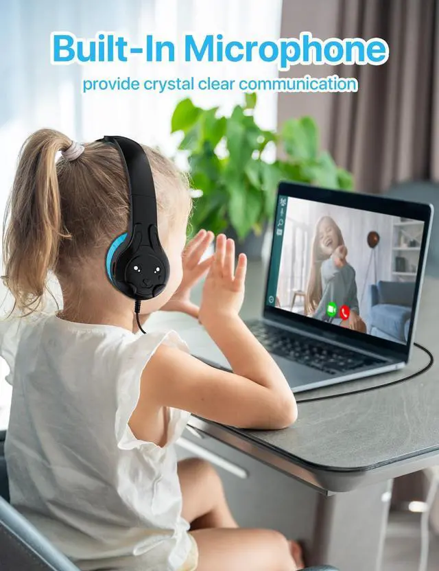 Alt view image 5 of 5 - ZIUMIER Kids Headphones, with Microphone, 80/90dB Volume Limiter, Audio Sharing Port, Toddler Headphones for School Travel, 2Packs Black and Blue