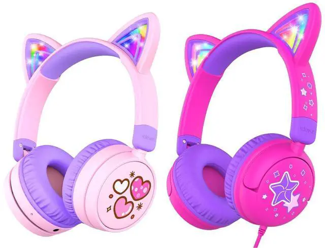 Main image of iClever Kids Cat Headphones Bundles, LED Ligths Up, Stereo Sound Foldable Headphones for iPad Tablets Travel Kids Gift