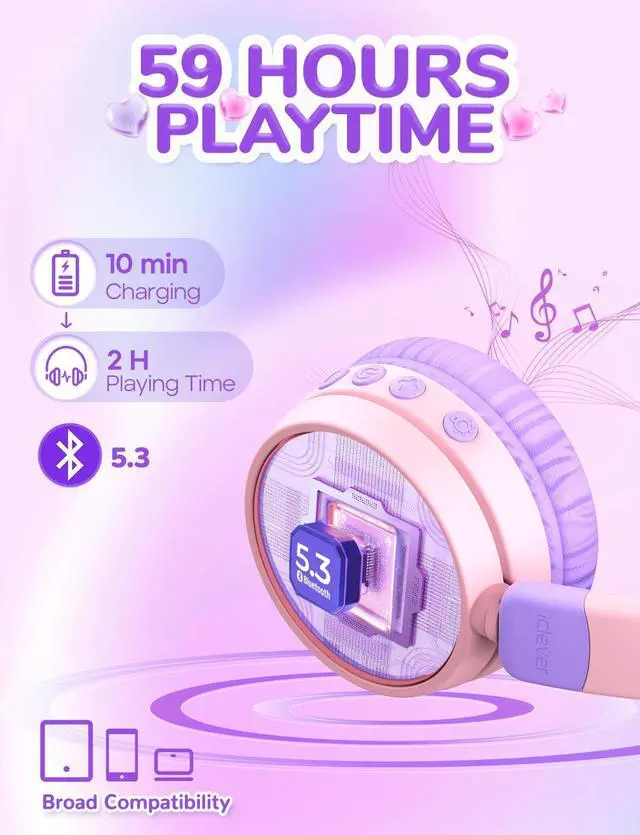 Alt view image 5 of 5 - iClever Kids Cat Headphones Bundles, LED Ligths Up, Stereo Sound Foldable Headphones for iPad Tablets Travel Kids Gift